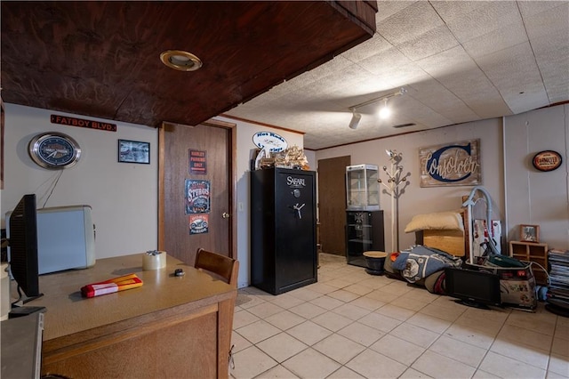 kitchen featuring light tile patterned floors, rail lighting, wood ceiling, and ornamental molding