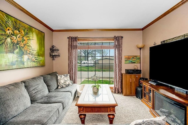living room featuring light carpet and crown molding