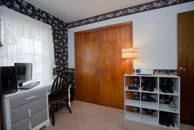 office featuring carpet and wallpapered walls