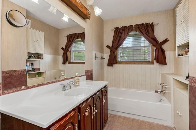 bathroom with vanity and a washtub