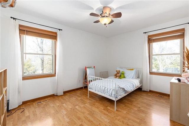 bedroom with light wood-style flooring, baseboards, and visible vents