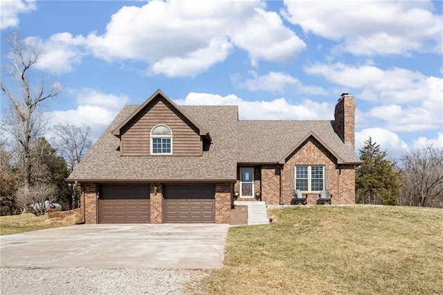 view of front of home featuring brick siding, a front yard, driveway, and a shingled roof