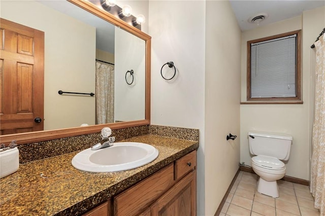 full bathroom with vanity, baseboards, visible vents, tile patterned floors, and toilet