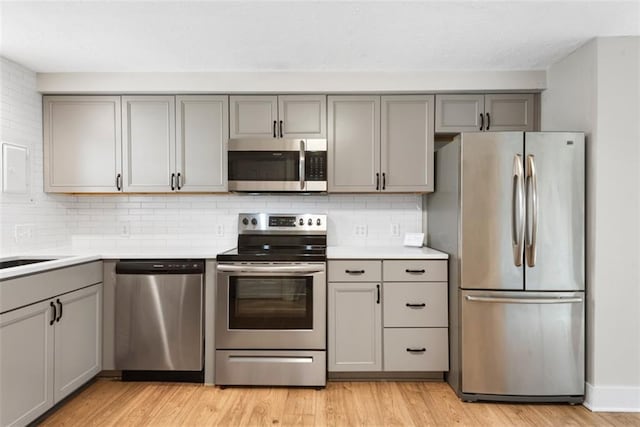 kitchen featuring light wood-style flooring, light countertops, appliances with stainless steel finishes, gray cabinets, and decorative backsplash