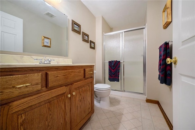 full bathroom featuring tile patterned flooring, toilet, vanity, visible vents, and a stall shower