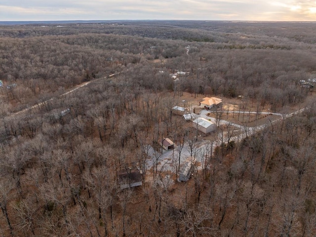 drone / aerial view featuring a forest view