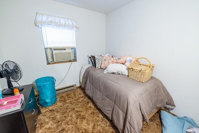 carpeted bedroom featuring baseboard heating and cooling unit