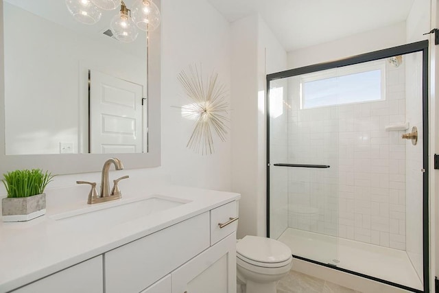 full bathroom featuring a shower stall, toilet, and vanity