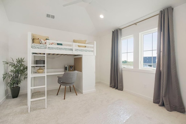 carpeted bedroom featuring recessed lighting, visible vents, vaulted ceiling, and baseboards