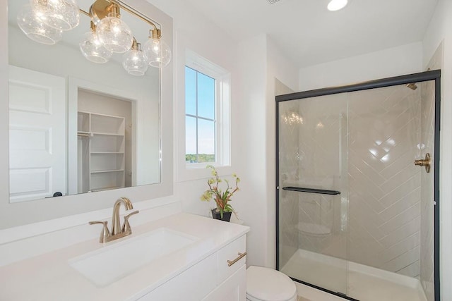 full bath with toilet, a shower stall, and vanity