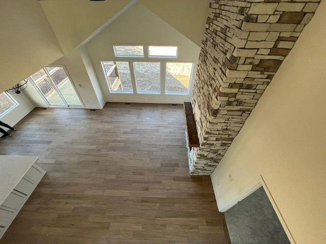 additional living space with baseboards, high vaulted ceiling, and wood finished floors