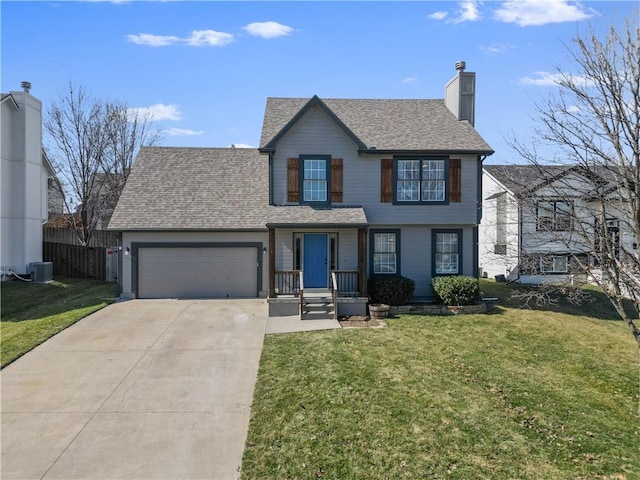 view of front facade featuring cooling unit, driveway, an attached garage, a shingled roof, and a front lawn