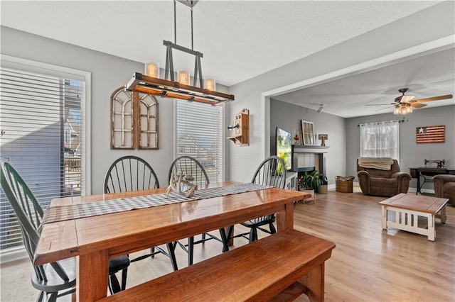 dining space with a textured ceiling, a fireplace, light wood finished floors, baseboards, and ceiling fan