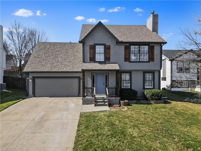 view of front of property with a shingled roof, a chimney, a front lawn, concrete driveway, and a garage