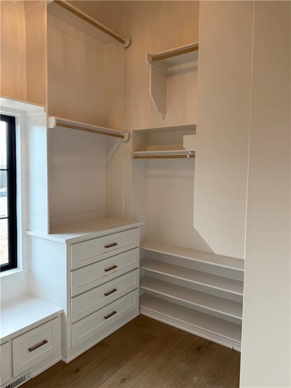 spacious closet with visible vents and dark wood finished floors