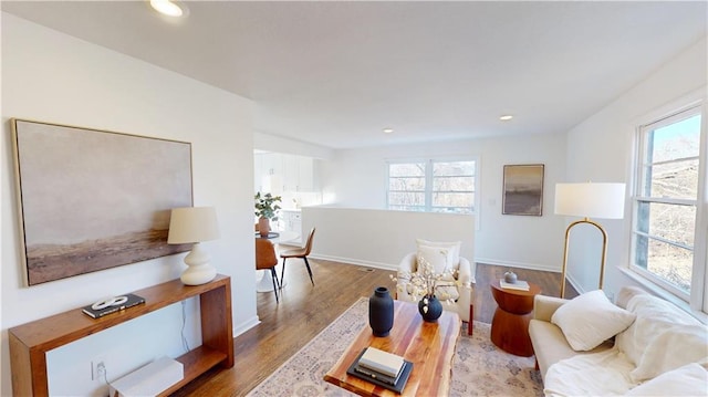 living area featuring baseboards, wood finished floors, and recessed lighting