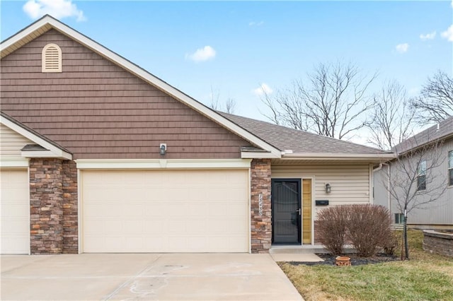 ranch-style house featuring a garage, stone siding, a shingled roof, and driveway