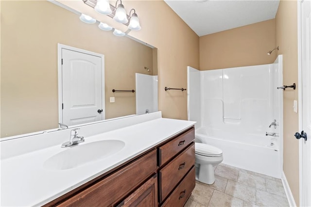 bathroom with shower / bath combination, toilet, tile patterned floors, vanity, and a chandelier