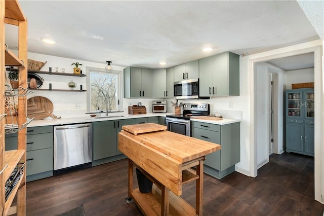 kitchen with green cabinets, stainless steel appliances, a sink, and light countertops