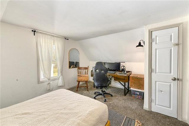 carpeted bedroom featuring lofted ceiling