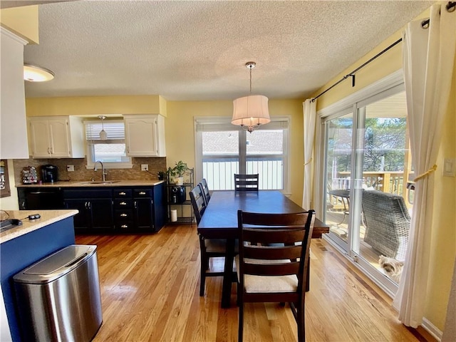 dining area featuring light wood-style flooring, plenty of natural light, and a textured ceiling