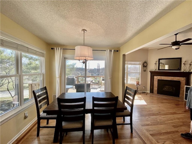 dining room featuring baseboards, a textured ceiling, wood finished floors, and a tiled fireplace