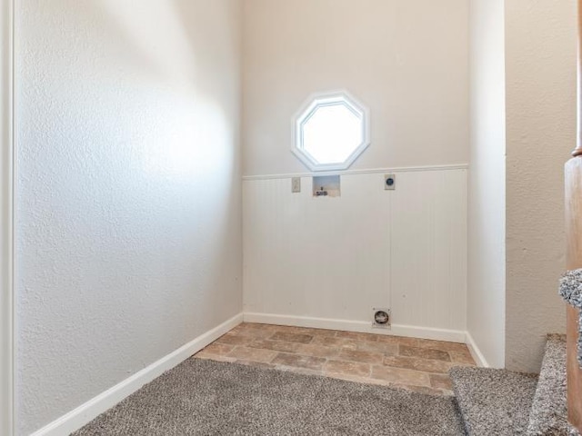 laundry area with washer hookup, laundry area, hookup for an electric dryer, and light carpet