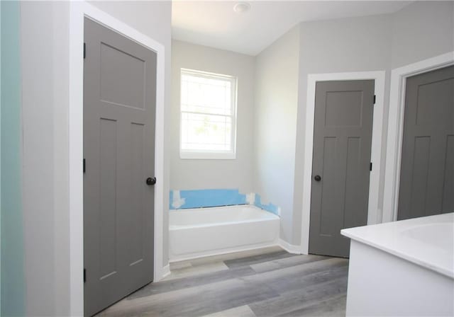 bathroom featuring a garden tub, baseboards, and wood finished floors