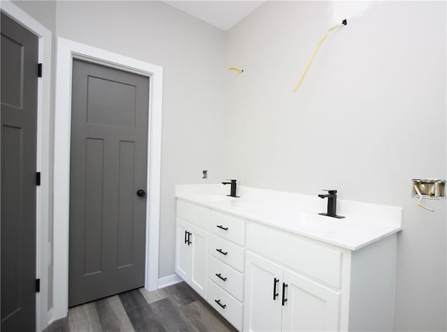 bathroom with double vanity, wood finished floors, and a sink