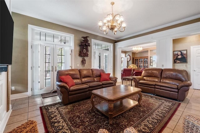 living area featuring french doors, light tile patterned floors, and an inviting chandelier