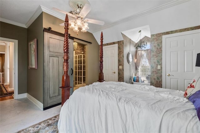 bedroom featuring a barn door, baseboards, ceiling fan, marble finish floor, and crown molding