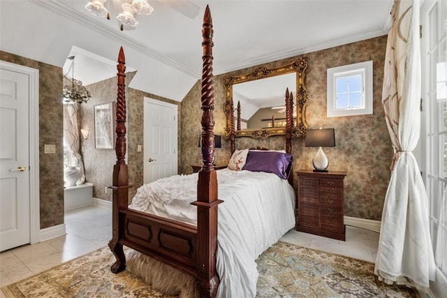 bedroom with ornamental molding, marble finish floor, baseboards, and wallpapered walls