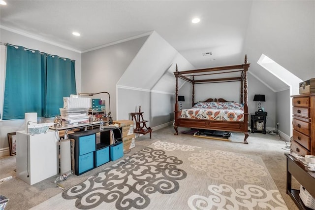 bedroom featuring light carpet, lofted ceiling with skylight, baseboards, and crown molding