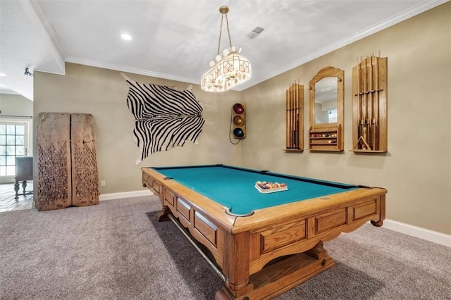 game room with baseboards, pool table, crown molding, carpet floors, and recessed lighting