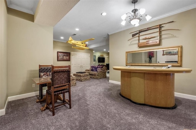 interior space featuring ornamental molding and carpet flooring