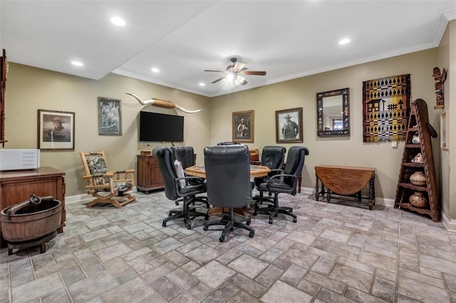 office featuring ornamental molding, recessed lighting, and baseboards