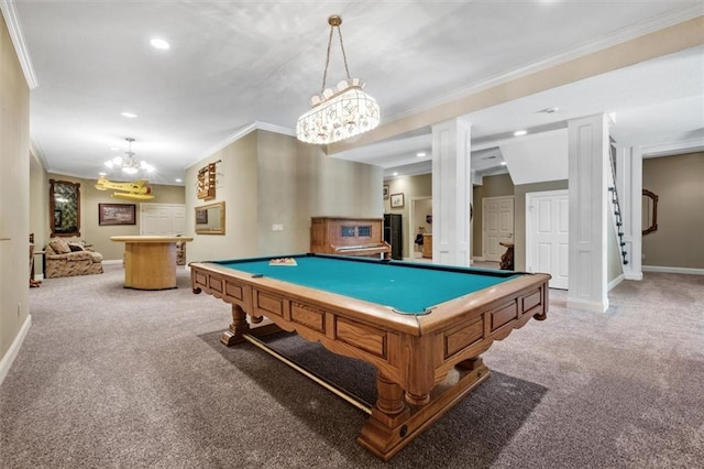 rec room featuring ornamental molding, carpet flooring, billiards, and baseboards