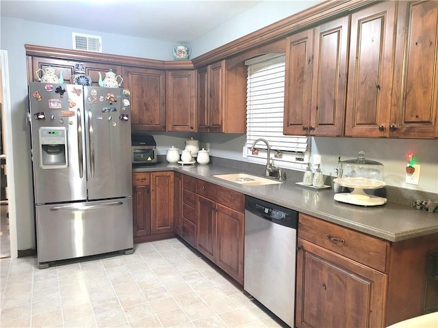 kitchen with dark countertops, visible vents, stainless steel appliances, and a sink