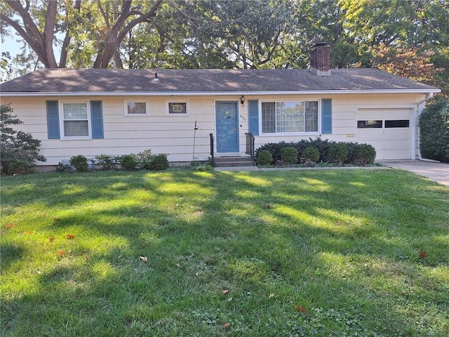 single story home with driveway, a front lawn, a chimney, and an attached garage