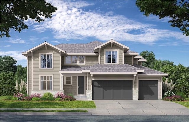 view of front of home with stone siding, concrete driveway, and a shingled roof