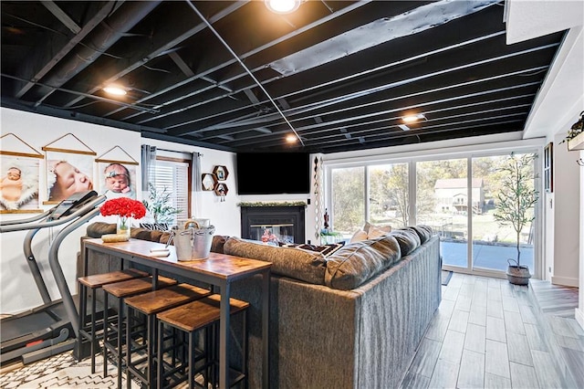 living room featuring wood finished floors and a glass covered fireplace