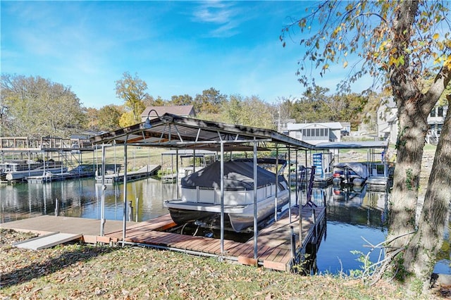 view of dock featuring a water view and boat lift