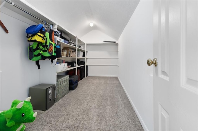spacious closet with lofted ceiling and carpet flooring