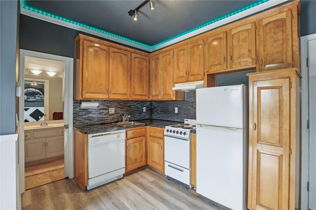 kitchen featuring under cabinet range hood, a sink, white appliances, light wood-style flooring, and tasteful backsplash