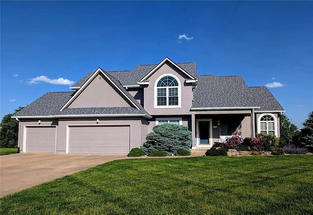 11319 Easley Dr, Lees Summit, MO 64086 - traditional-style house featuring stucco siding, a front yard, a garage, driveway, and roof with shingles
