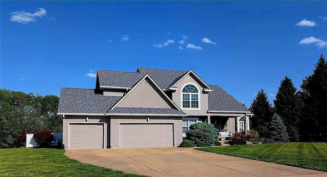 11319 Easley Dr, Lees Summit, MO 64086 - traditional-style home with stucco siding, a garage, a front yard, and driveway
