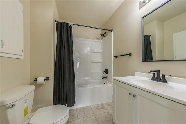 full bathroom with tile patterned floors, toilet, vanity, and shower / bath combination with curtain