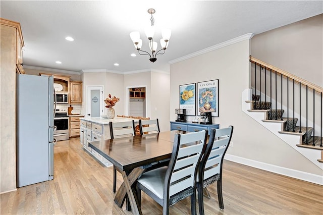 dining space featuring light wood-style flooring, ornamental molding, stairway, an inviting chandelier, and baseboards