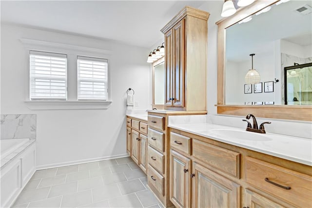 bathroom featuring visible vents, a shower stall, a garden tub, double vanity, and a sink