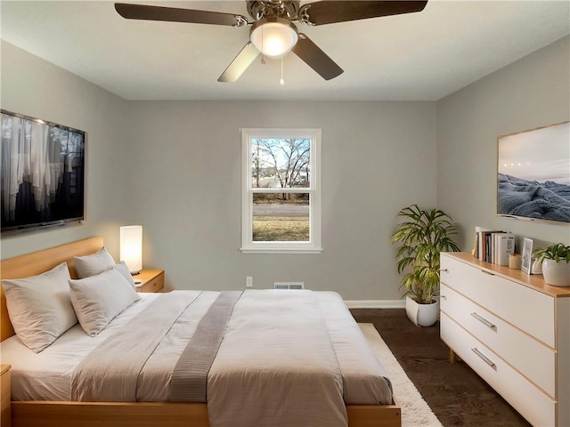 bedroom featuring visible vents, ceiling fan, and baseboards